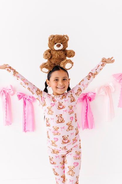 Beary Sweet ribbed bamboo pajama pants featuring teddy bears and pink hearts