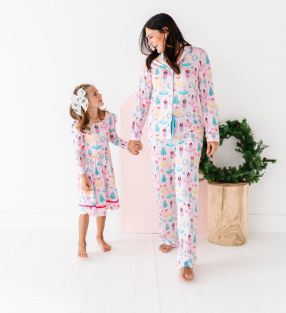 Woman and child wearing matching Christmas bamboo pajamas 