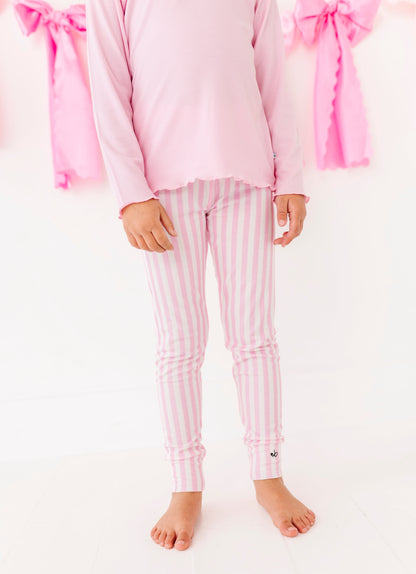 Pink stripe ribbed bamboo leggings for kids with soft stretch fit