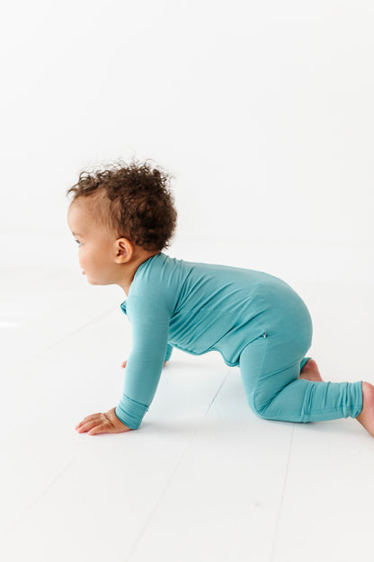 Slate bamboo convertible romper with fold-over foot cuffs for babies