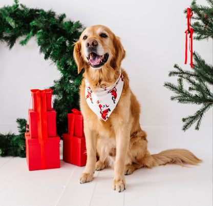 A golden retriever dog wearing a white bandana with a red Santa Claus pattern sits on a white floor next to red wrapped gifts and a Christmas tree garland.