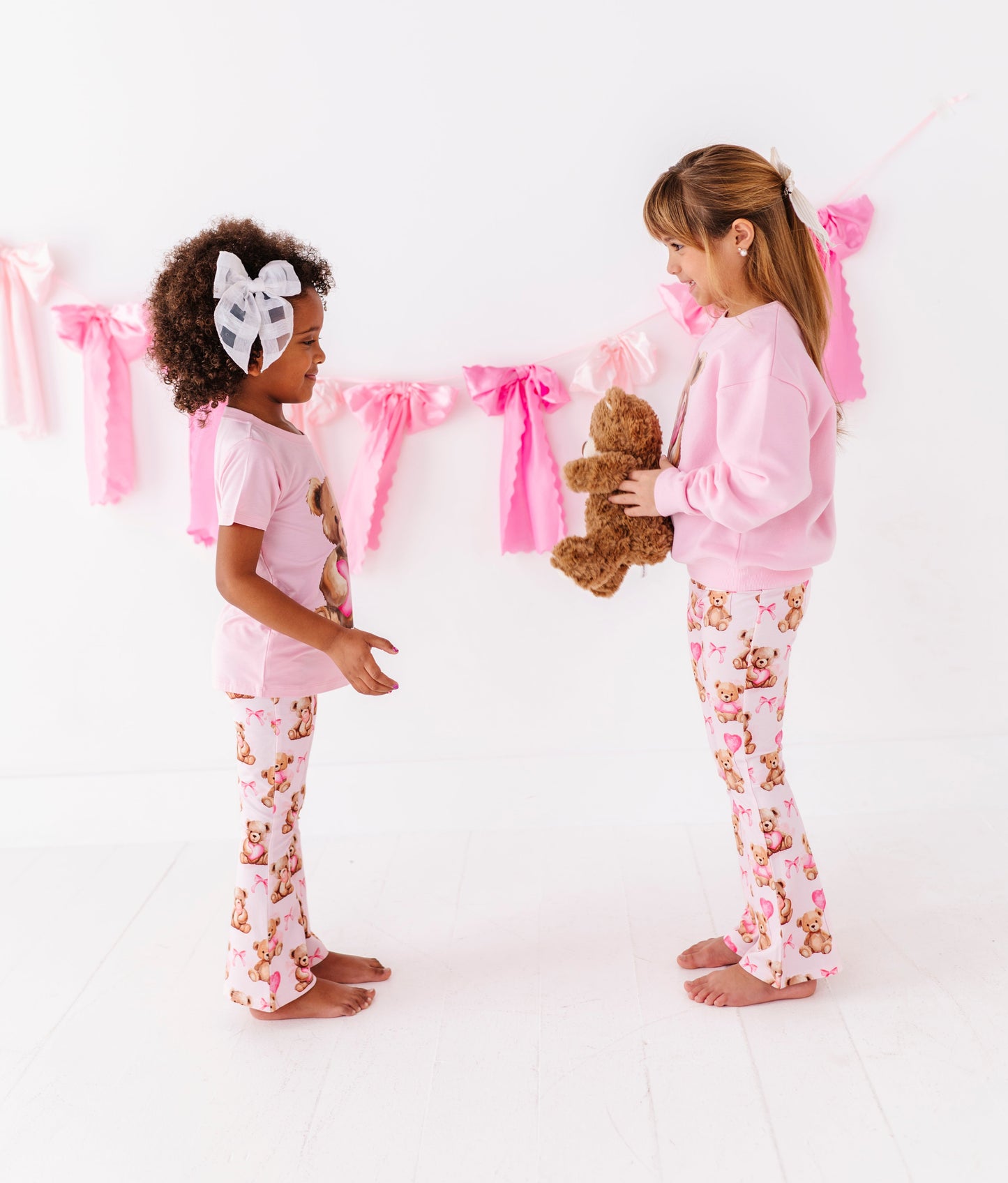 Kids pink crewneck sweatshirt paired with Beary Sweet teddy leggings