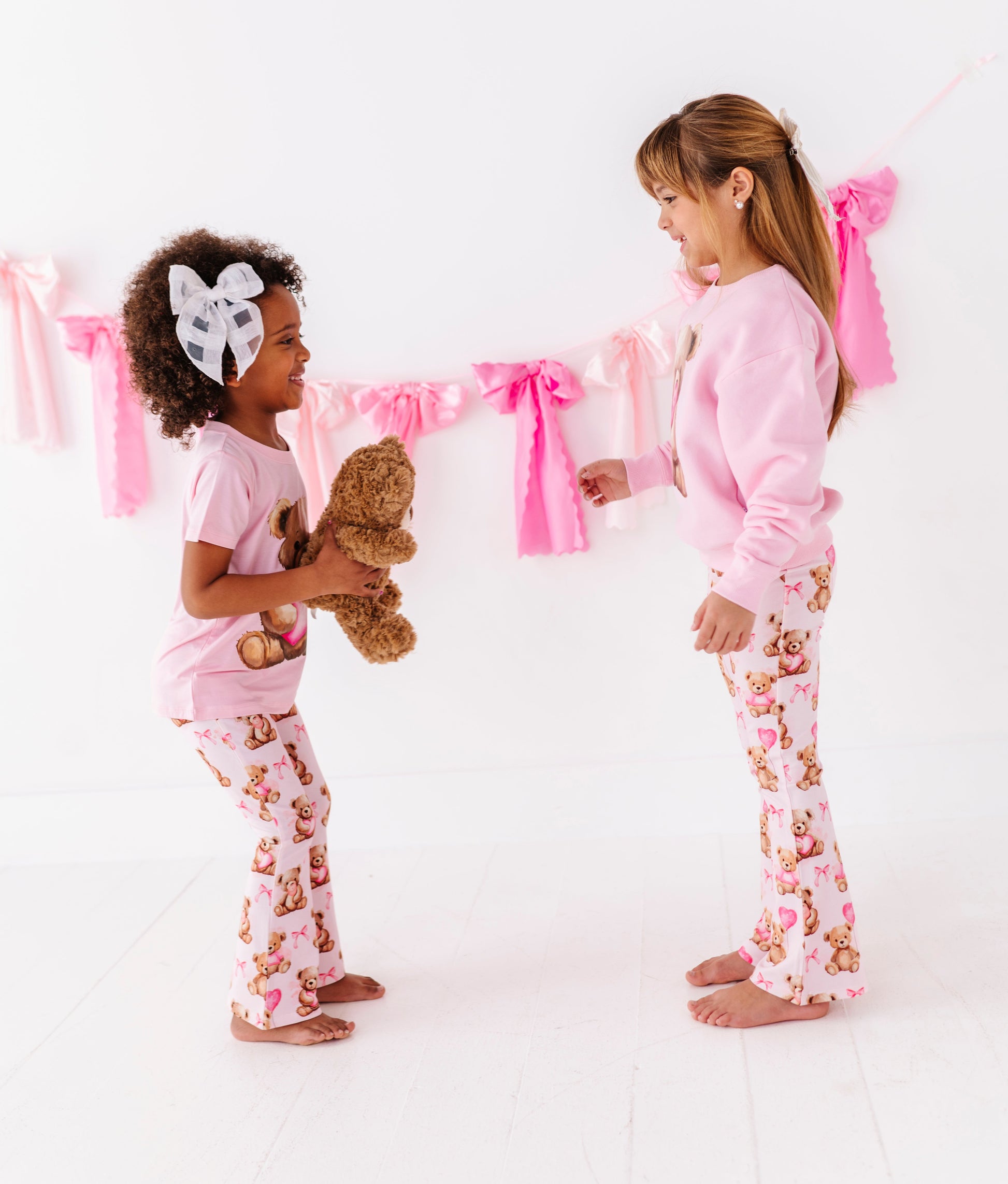 Full length view of kids bamboo cotton pants with teddy heart design