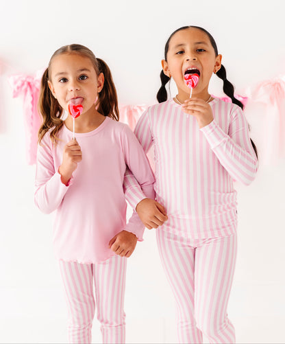Girls pink stripe bamboo pajama set with snug fit