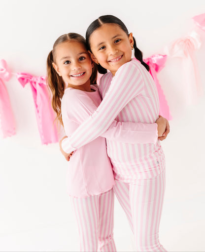 Matching pink stripe ribbed pajamas for girls