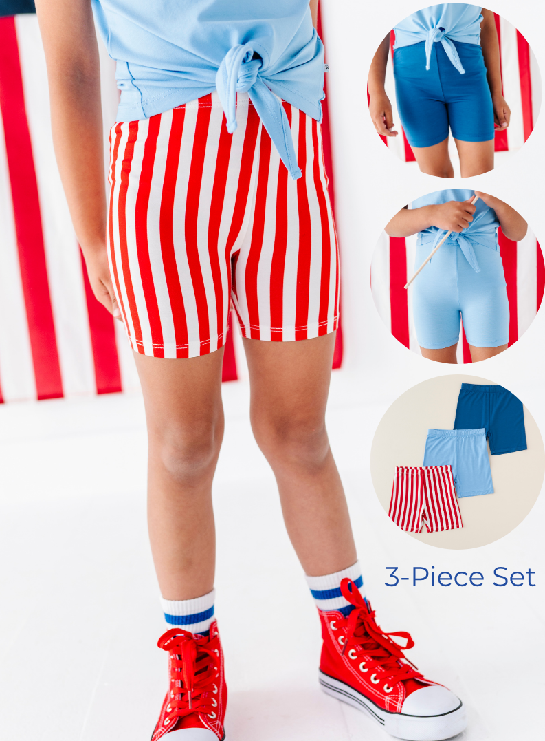 3-piece set with red and white striped biker shorts, cobalt biker shorts, and light blue biker shorts on a white background.