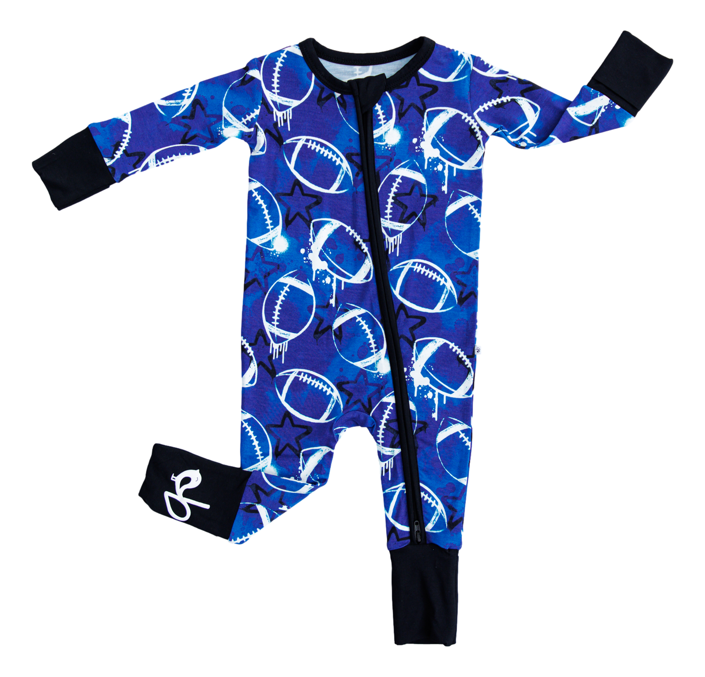 graffiti football convertible romper : BLUE AND WHITE WITH STARS