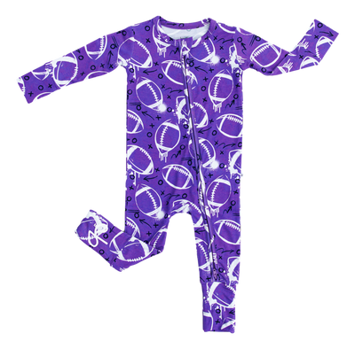 graffiti football convertible romper : PURPLE AND WHITE