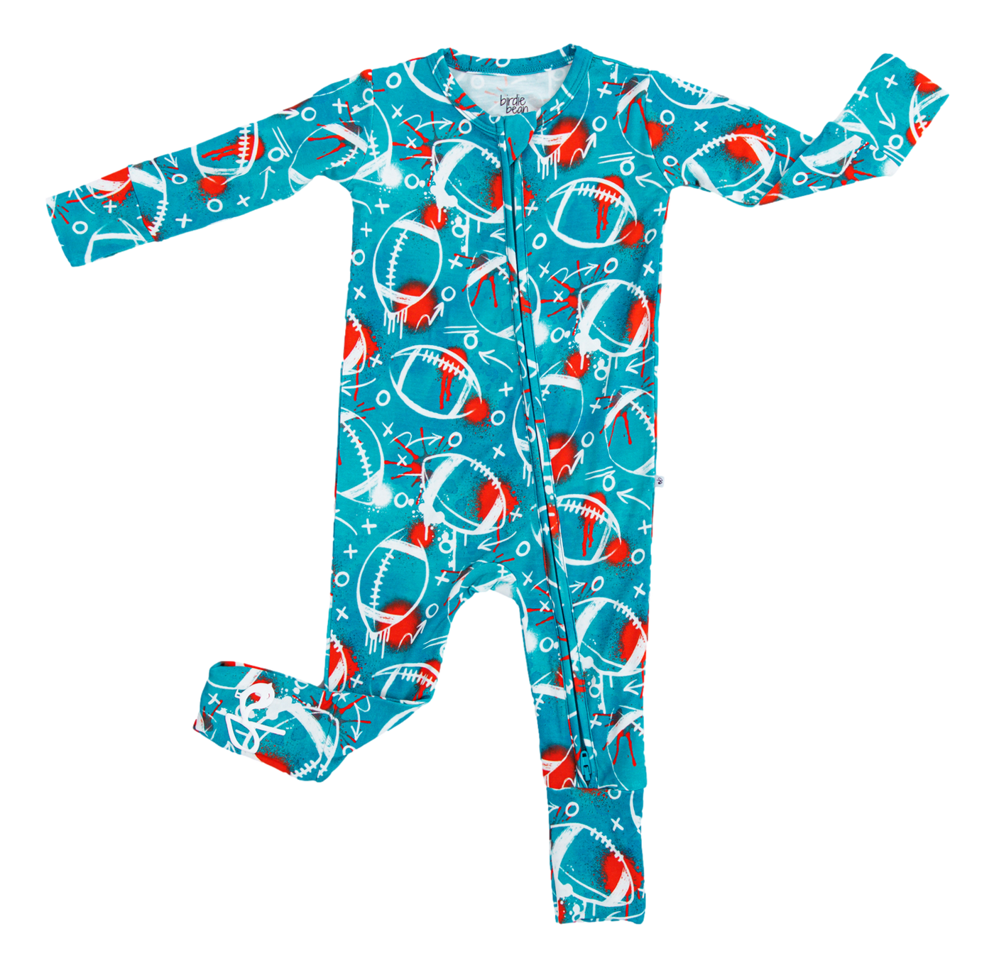 graffiti football convertible romper : AQUA AND ORANGE