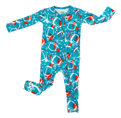 graffiti football convertible romper : AQUA AND ORANGE