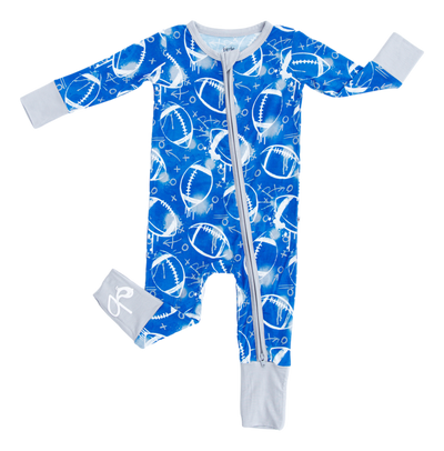 graffiti football convertible romper : BLUE AND GREY/SILVER