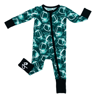 graffiti football convertible romper : GREEN AND WHITE/SILVER