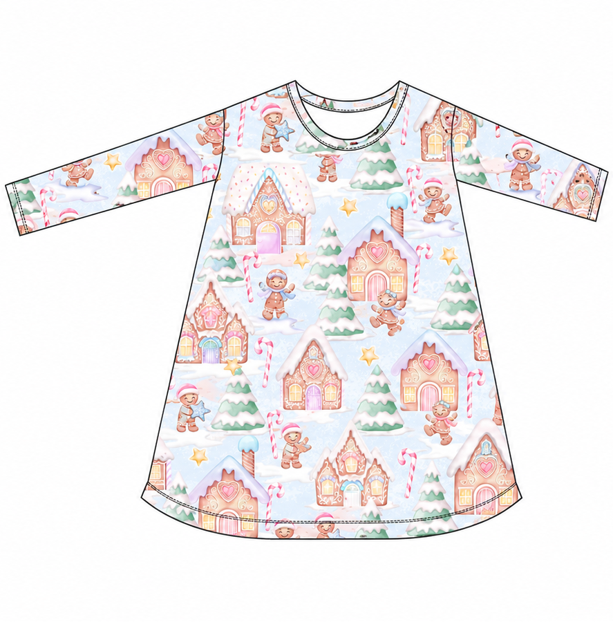 Front and back views of a long-sleeve baby dress with a light blue background and a whimsical gingerbread house pattern in pink, orange, and green.