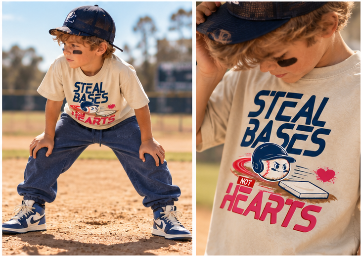 A collage of outdoor photos showing a young boy modeling a cream graphic T-shirt with blue and pink 'STEAL BASES FOR HEARTS' text, paired with blue sweatpants and a navy cap in a baseball field setting.