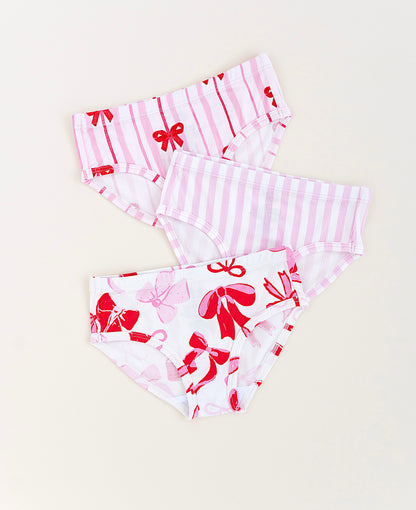 Girls bamboo underwear set featuring Blushing Bows print and pink stripes