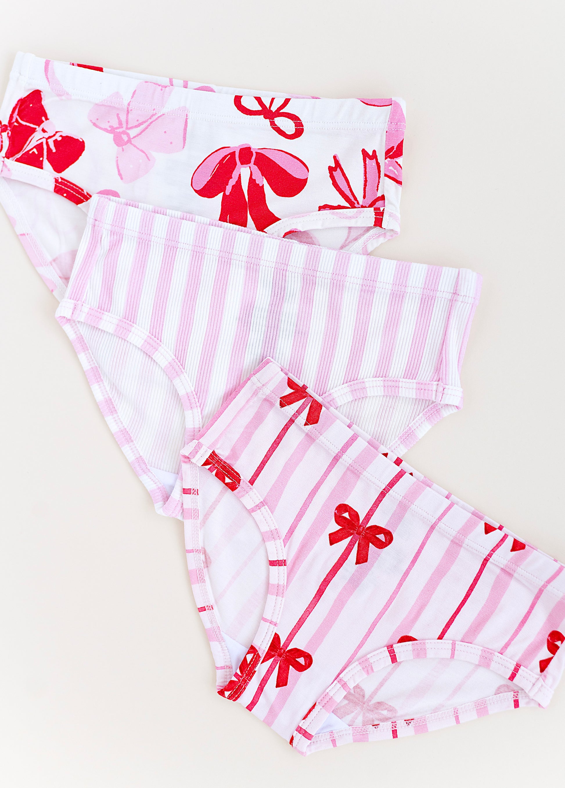 Blushing Bows bamboo underwear set for girls with pink bows and stripe patterns