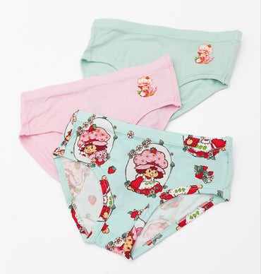 Three pairs of Strawberry Shortcake™ underwear on a white background