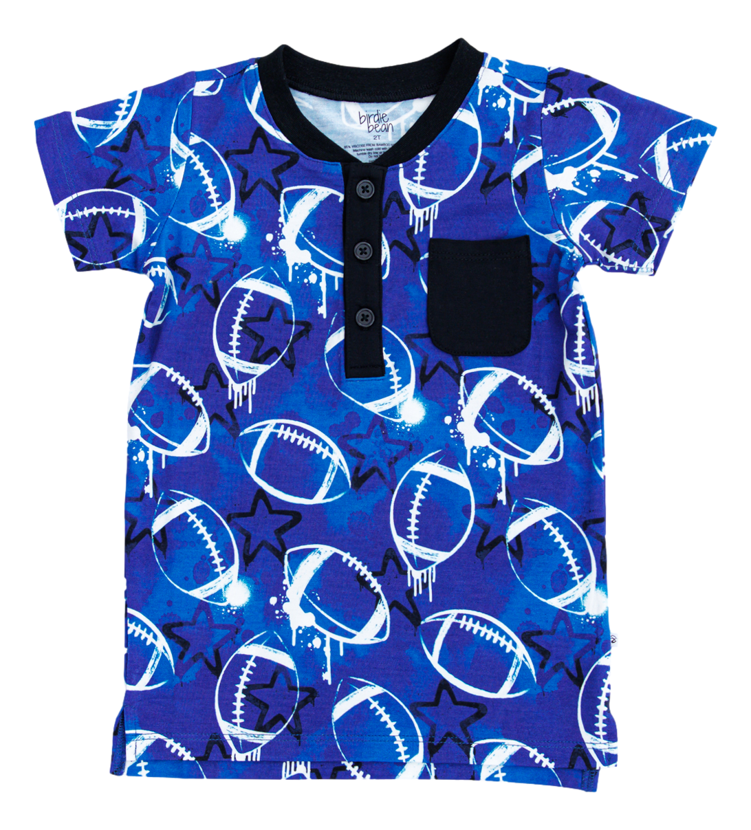 graffiti football henley t- shirt : BLUE AND WHITE WITH STARS