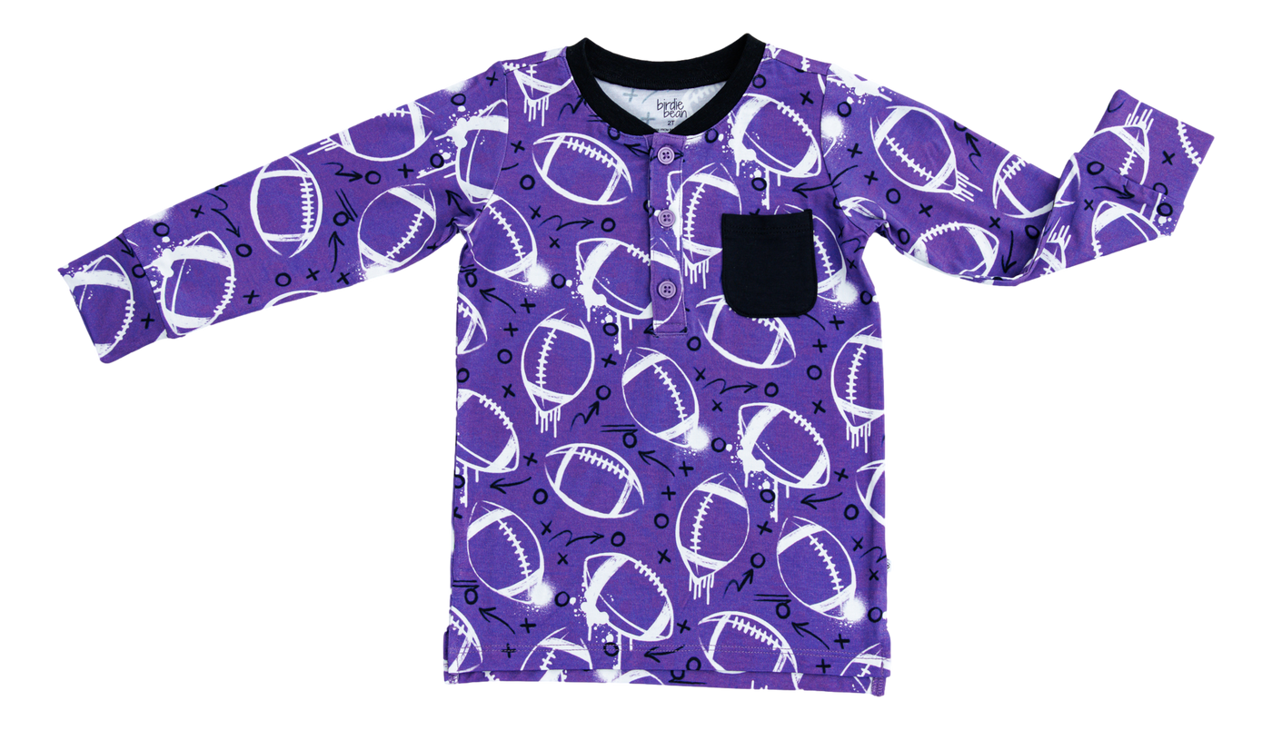 graffiti football henley t- shirt : PURPLE AND WHITE