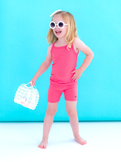 Kids pink ribbed bamboo tank top with soft stretch fabric