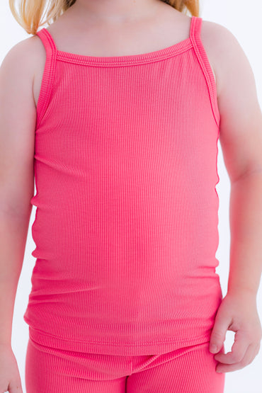 Strawberry ribbed bamboo tank top for kids in bright pink