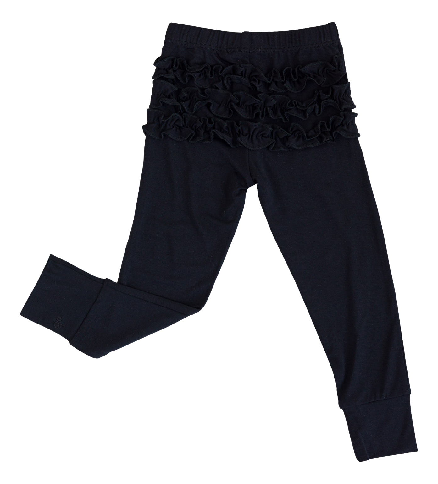 Back view of black bamboo leggings showing ruffle detail on toddler size