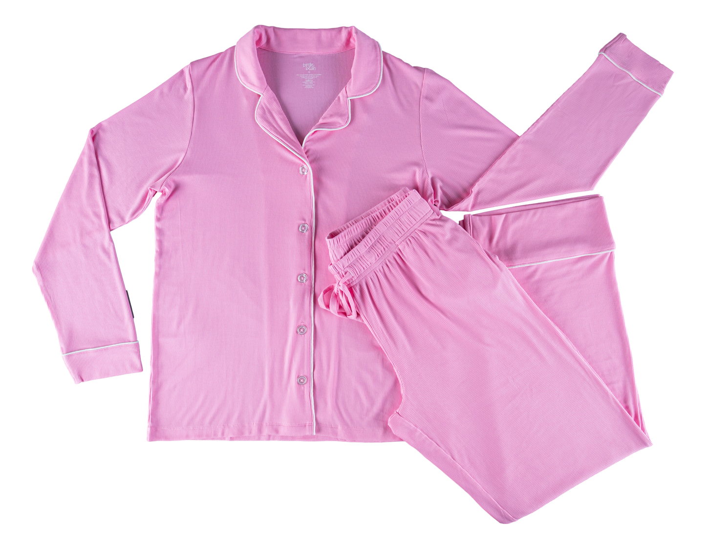 A pink bamboo lounge set, consisting of a long-sleeved top and pants with an elastic waist and adjustable drawstrings, laid flat on a plain background.