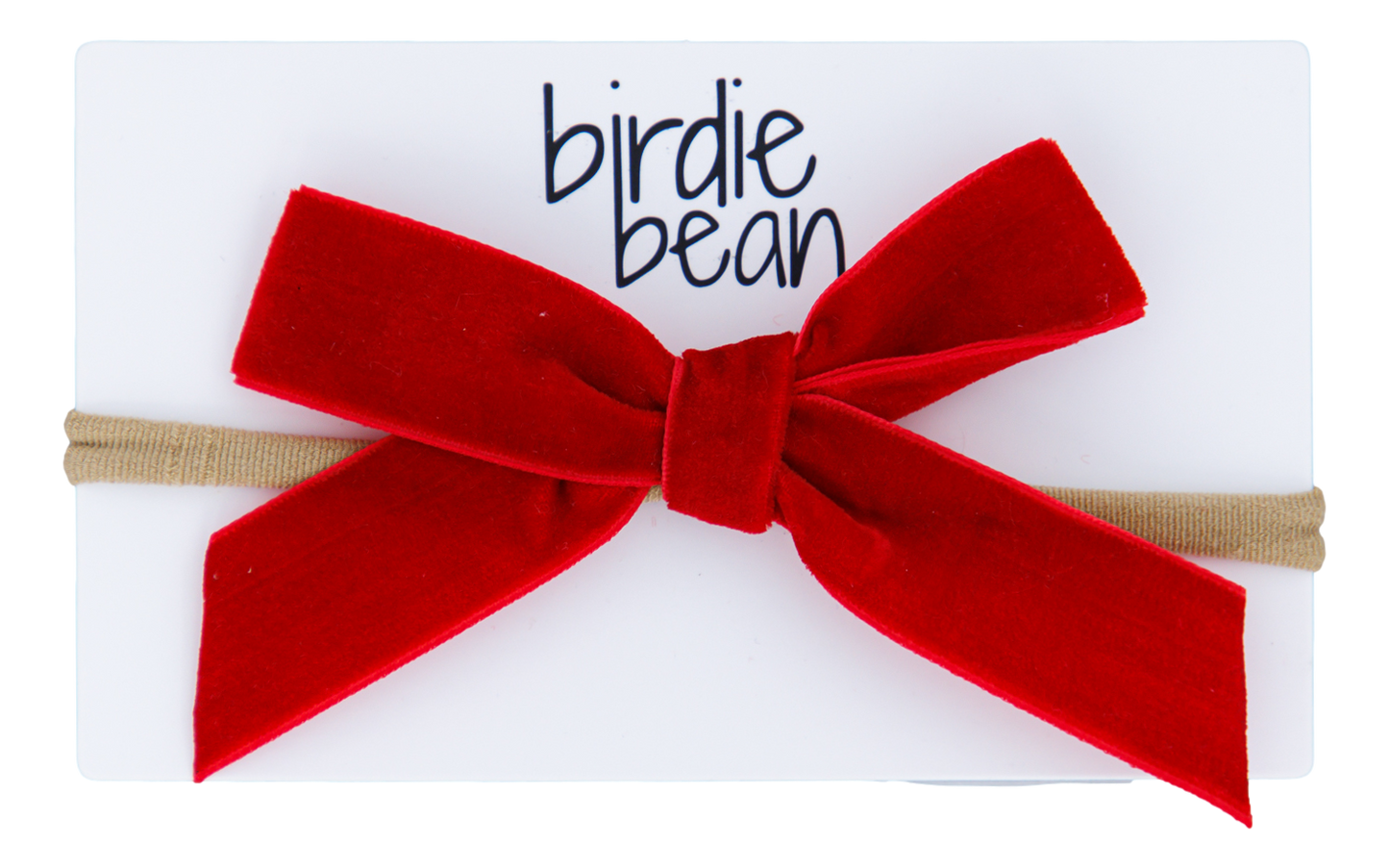 Red velvet bow hair accessory on a white background with 'birdie bean' branding.