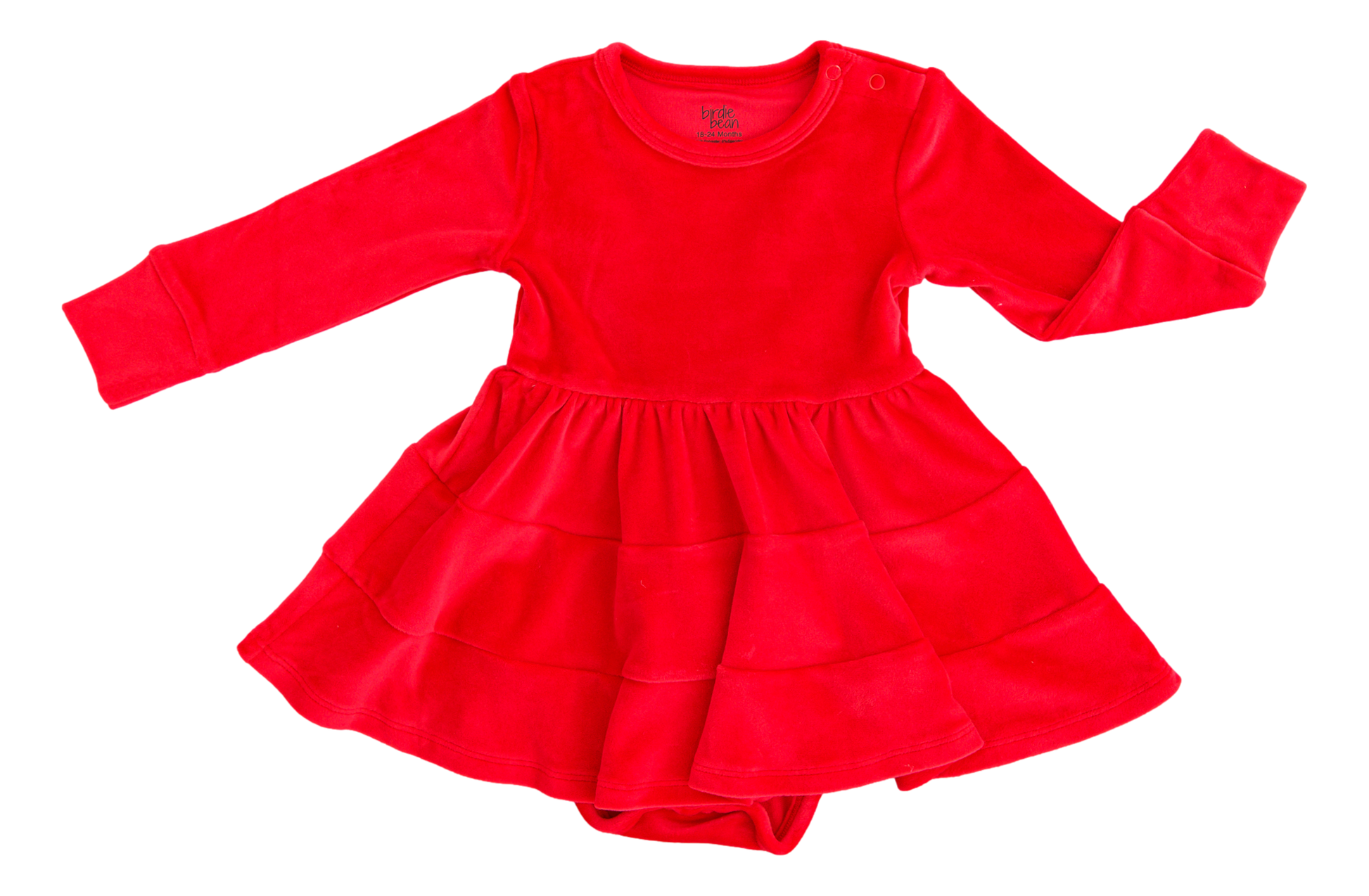 Flat lay of an a-line red velvet dress