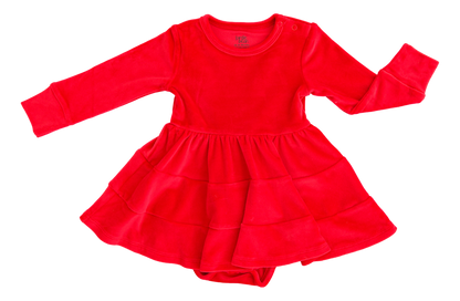 Flat lay of an a-line red velvet dress