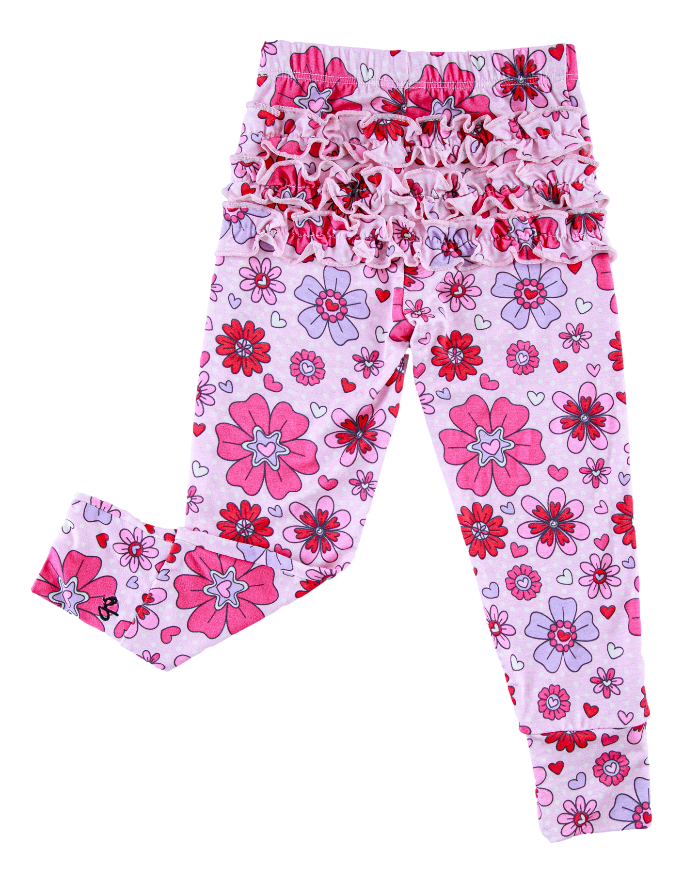 Floral and heart patterned bamboo leggings on a white background