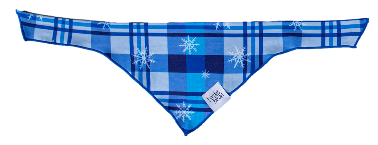 Blue plaid dog bandana with snowflakes