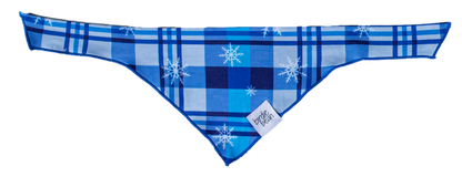 Blue plaid dog bandana with snowflakes