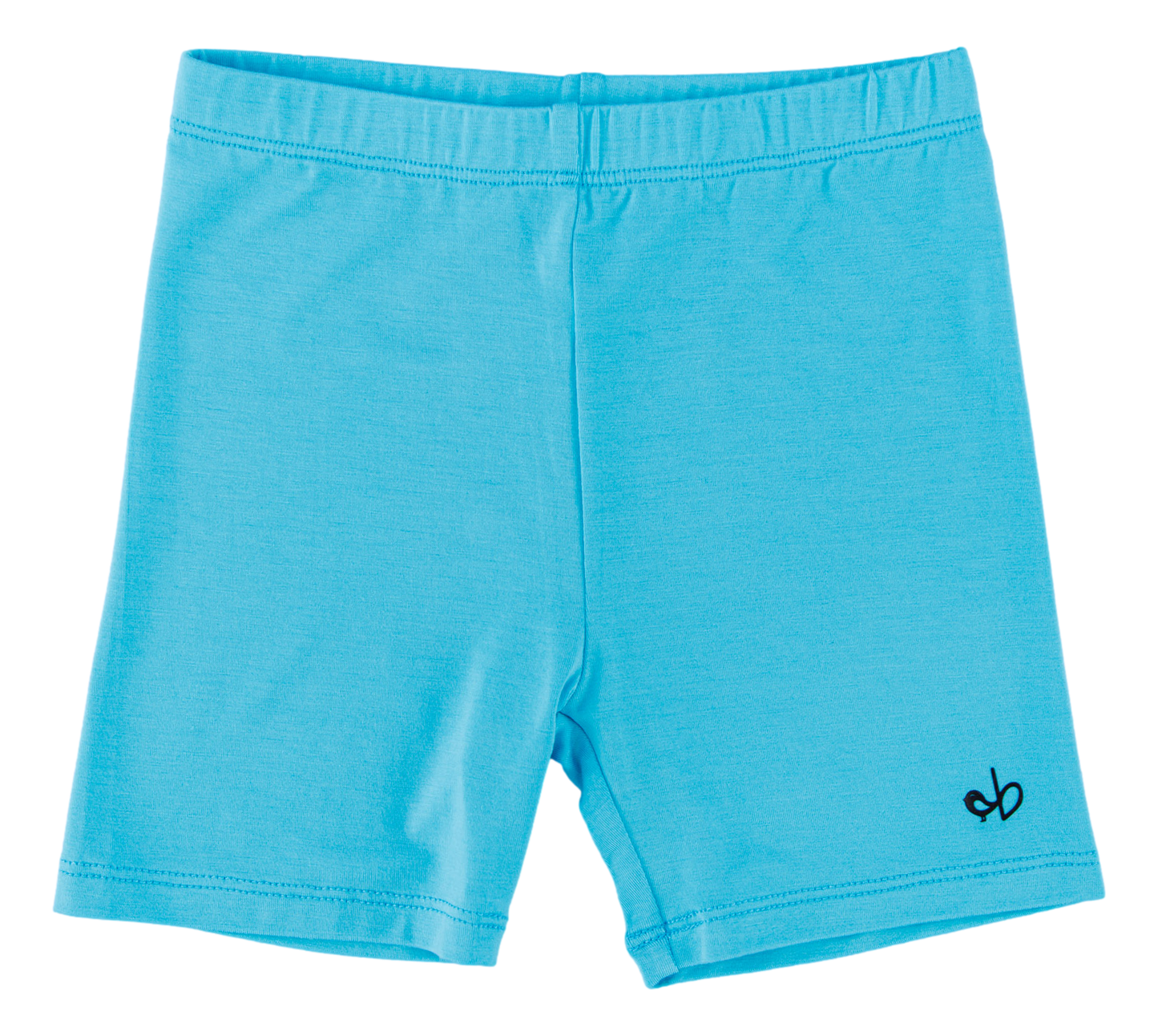 Blue shorts with a small logo on a white background