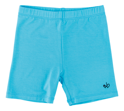 Blue shorts with a small logo on a white background