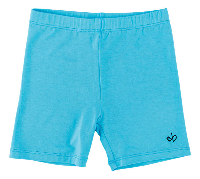 Blue shorts with a small logo on a white background