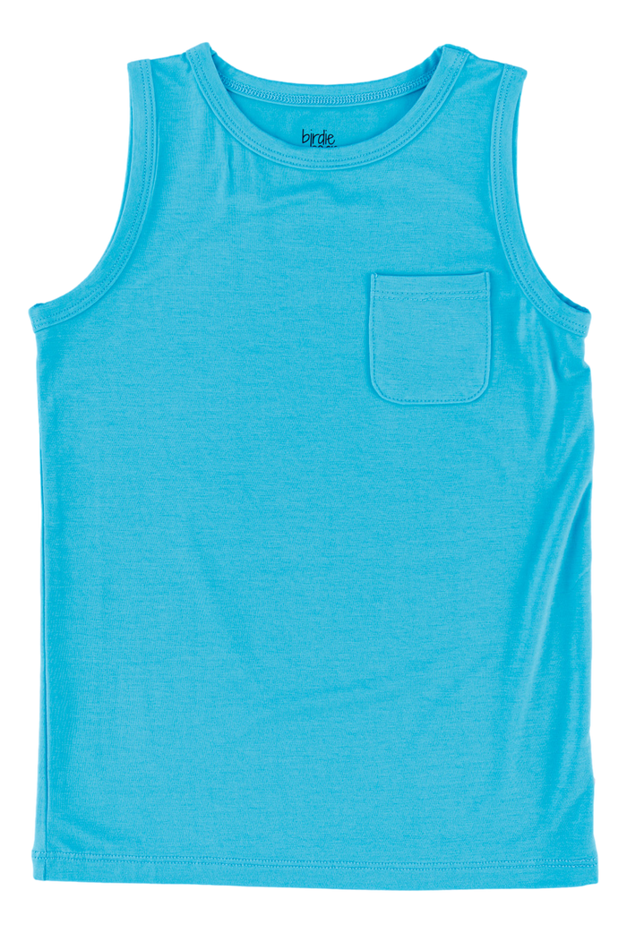 Blue tank top with a pocket on a white background