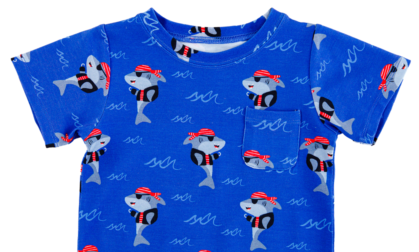 Close-up of Sebastian bamboo cotton fabric showing pirate shark print