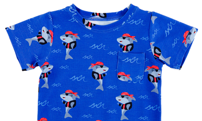Close-up of Sebastian bamboo cotton fabric showing pirate shark print