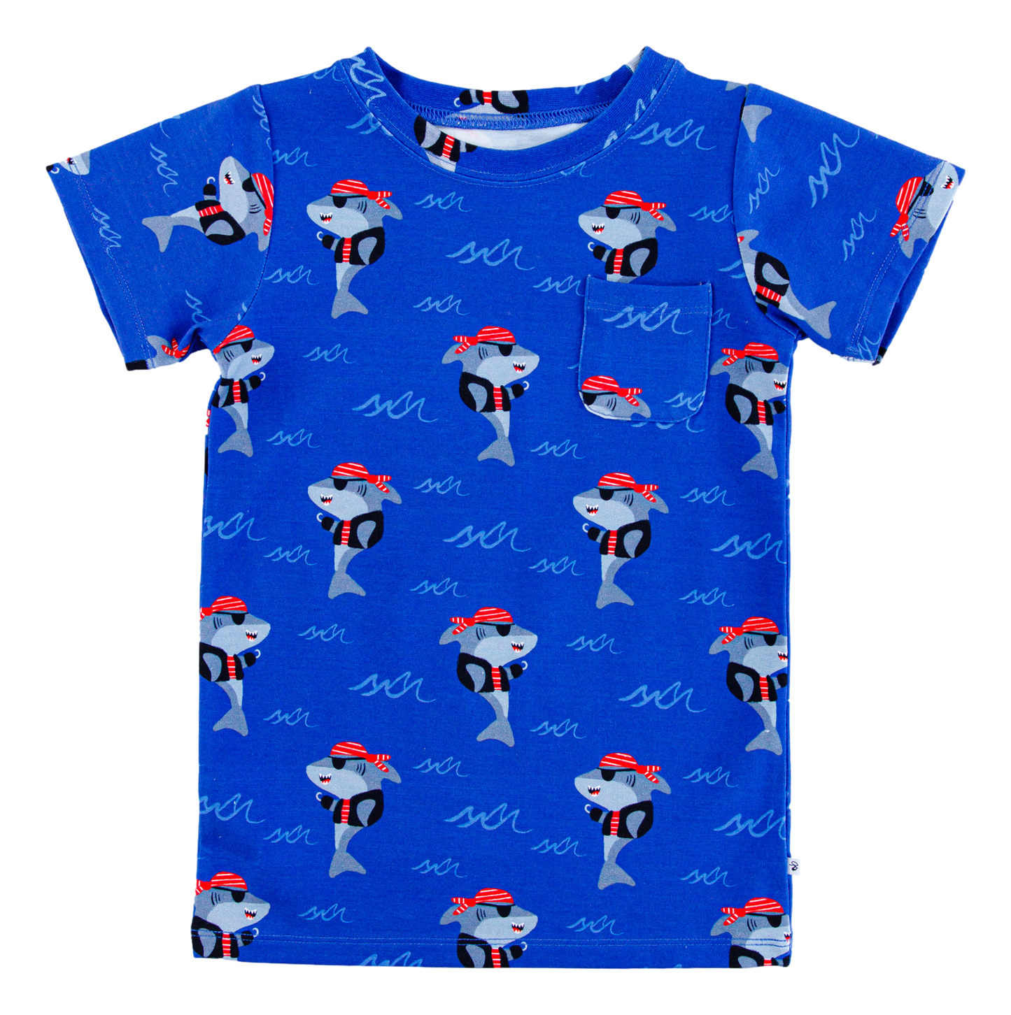 Sebastian bamboo cotton pocket t-shirt flat lay showing blue pirate shark print