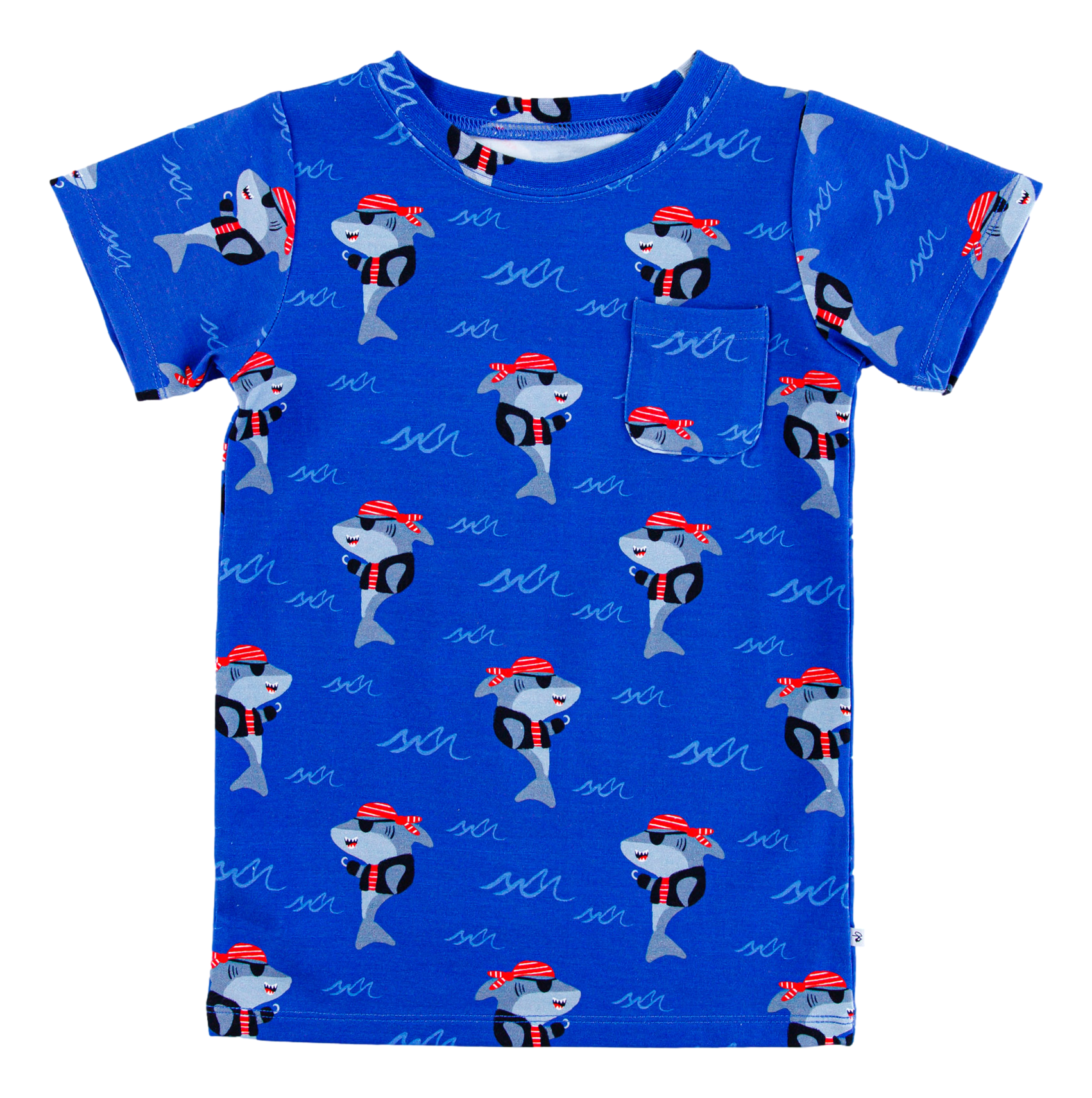 Sebastian bamboo cotton pocket t-shirt flat lay showing blue pirate shark print
