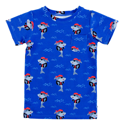 Sebastian bamboo cotton pocket t-shirt flat lay showing blue pirate shark print