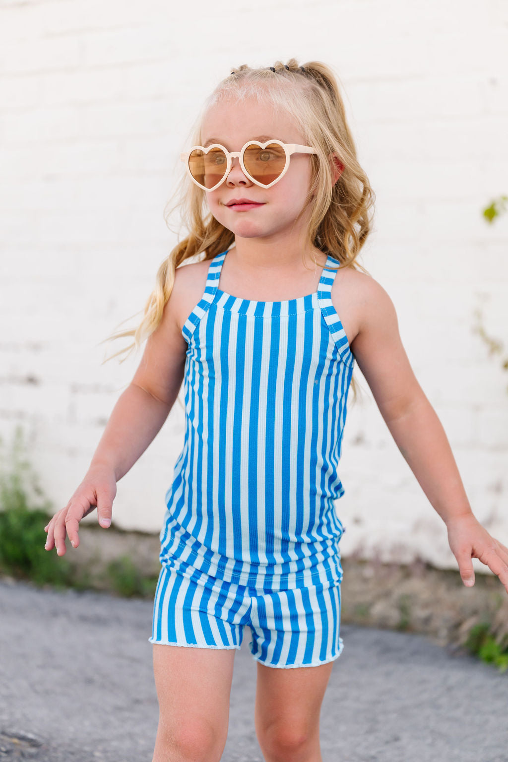 Blue Stripes Ribbed Biker and Tank Set