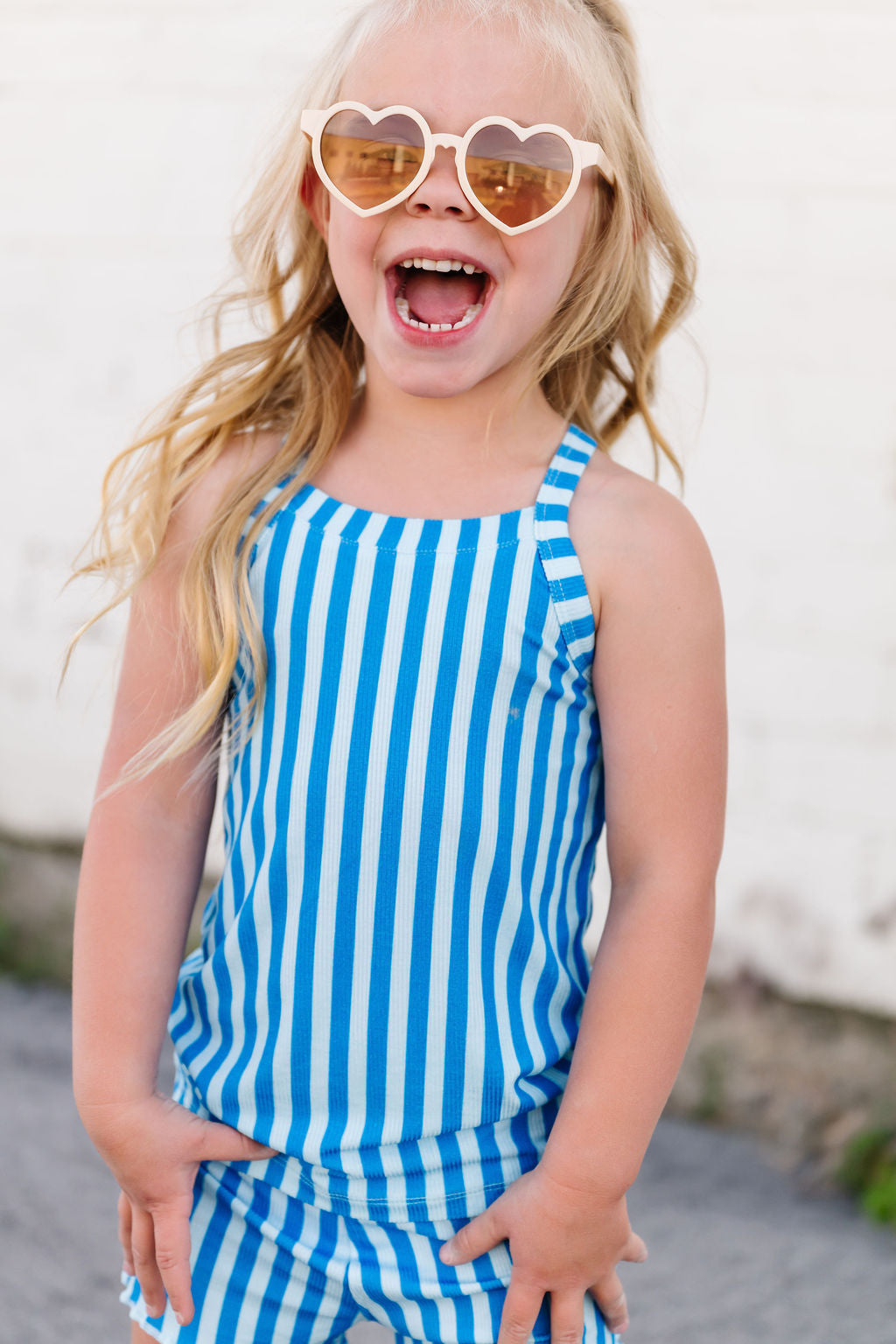 Blue Stripes Ribbed Biker and Tank Set