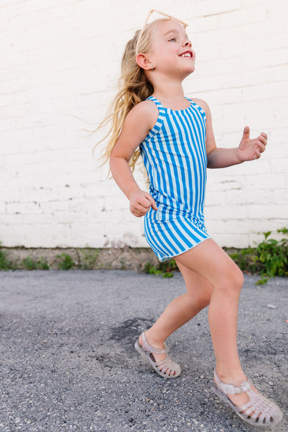 Blue Stripes Ribbed Biker and Tank Set