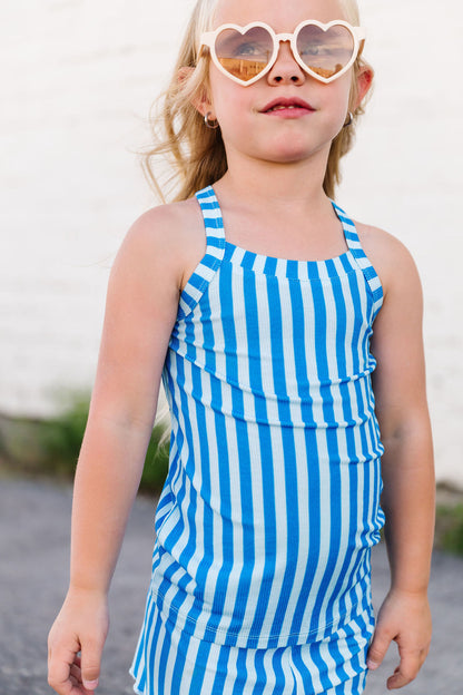 Blue Stripes Ribbed Biker and Tank Set