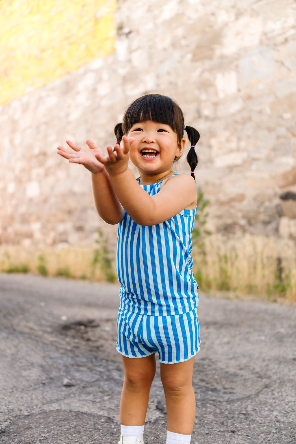 Blue Stripes Ribbed Biker and Tank Set