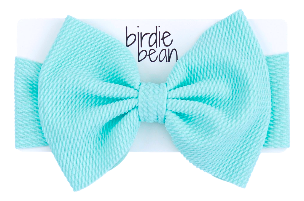 Sky blue bow with 'birdie bean' branding on a white background