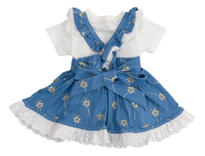 Detail of ruffle straps and eyelet lace hem on girls twirl dress