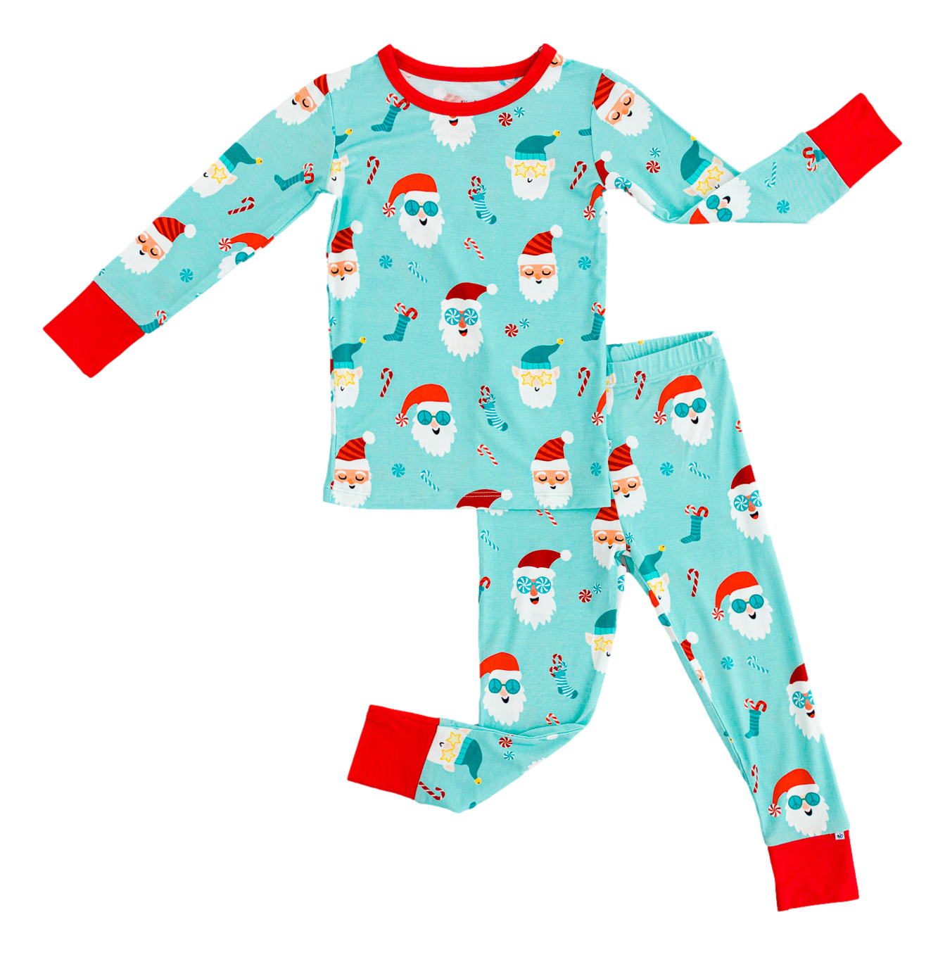 Children's bamboo pajama set with Santa Claus pattern on a light blue background